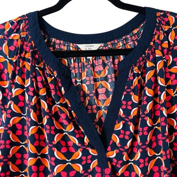 Crown & Ivy 2X partridge print navy orange pink white V-neck elbow sleeve - Picture 2 of 11
